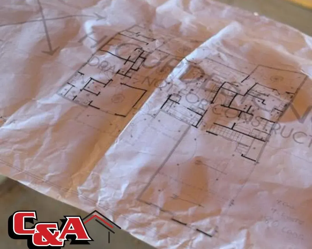 Crumpled floor plan blueprints on table, C&A Roofing & Construction